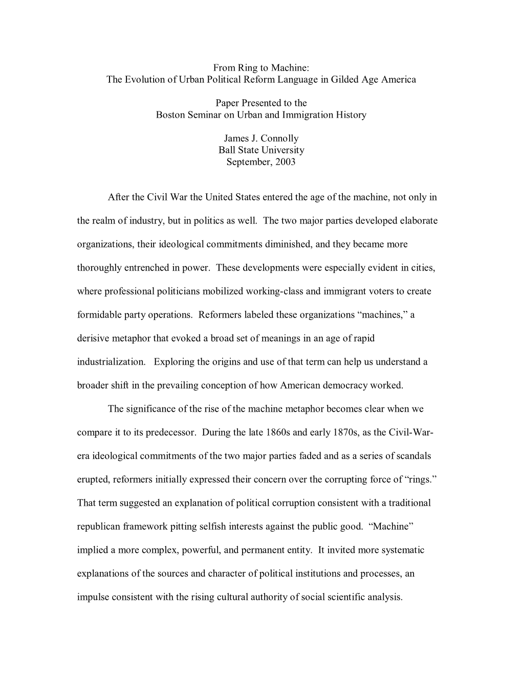 From Ring to Machine: the Evolution of Urban Political Reform Language in Gilded Age America