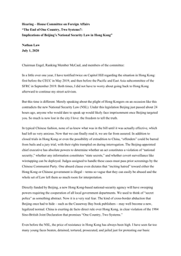 House Committee on Foreign Affairs “The End of One Country, Two Systems?: Implications of Beijing’S National Security Law in Hong Kong”