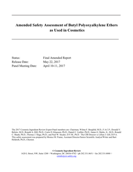 Amended Safety Assessment of Butyl Polyoxyalkylene Ethers As Used in Cosmetics