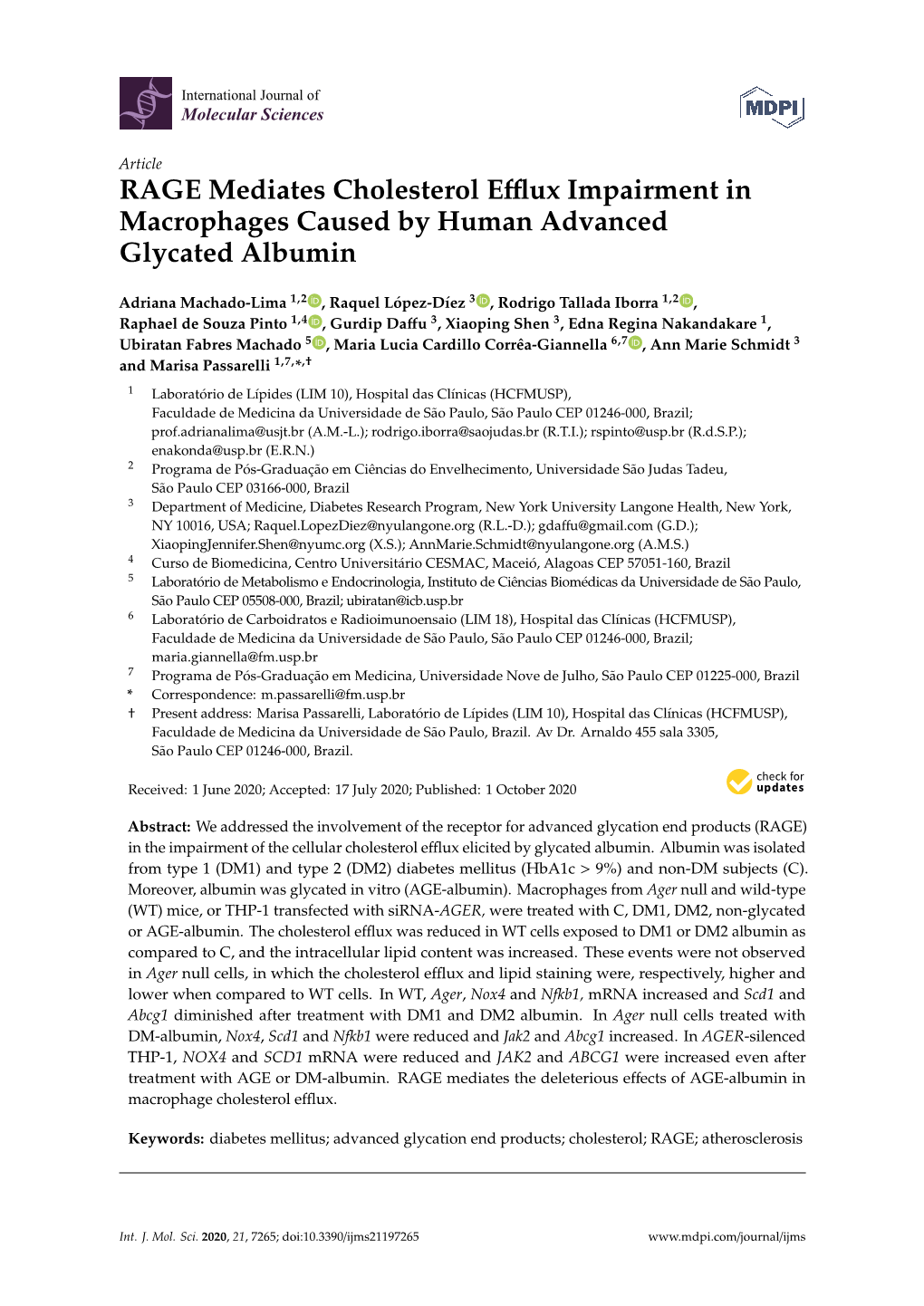 RAGE Mediates Cholesterol Efflux Impairment in Macrophages