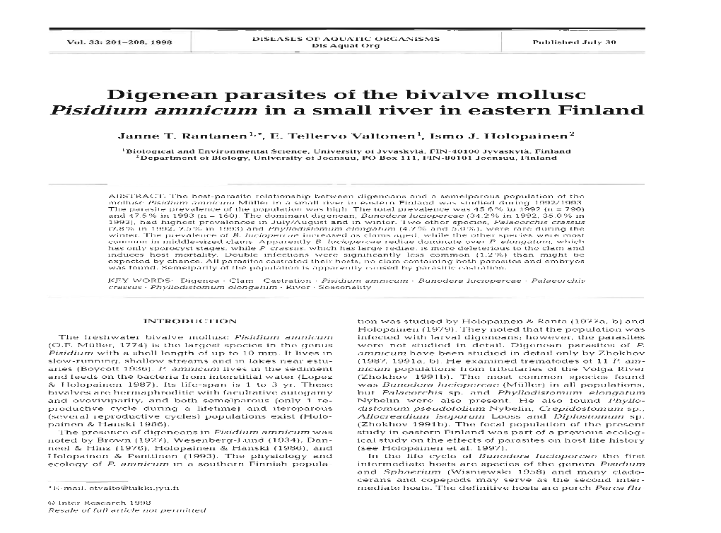 Digenean Parasites of the Bivalve Mollusc Pisidium Amnicum in a Small River in Eastern Finland