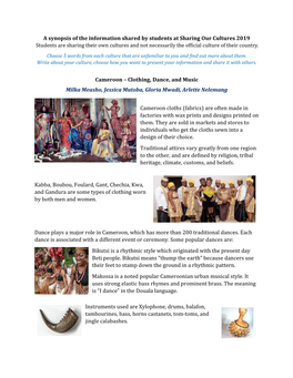 A Synopsis of the Information Shared by Students at Sharing Our Cultures 2019 Cameroon – Clothing, Dance, and Music Milka