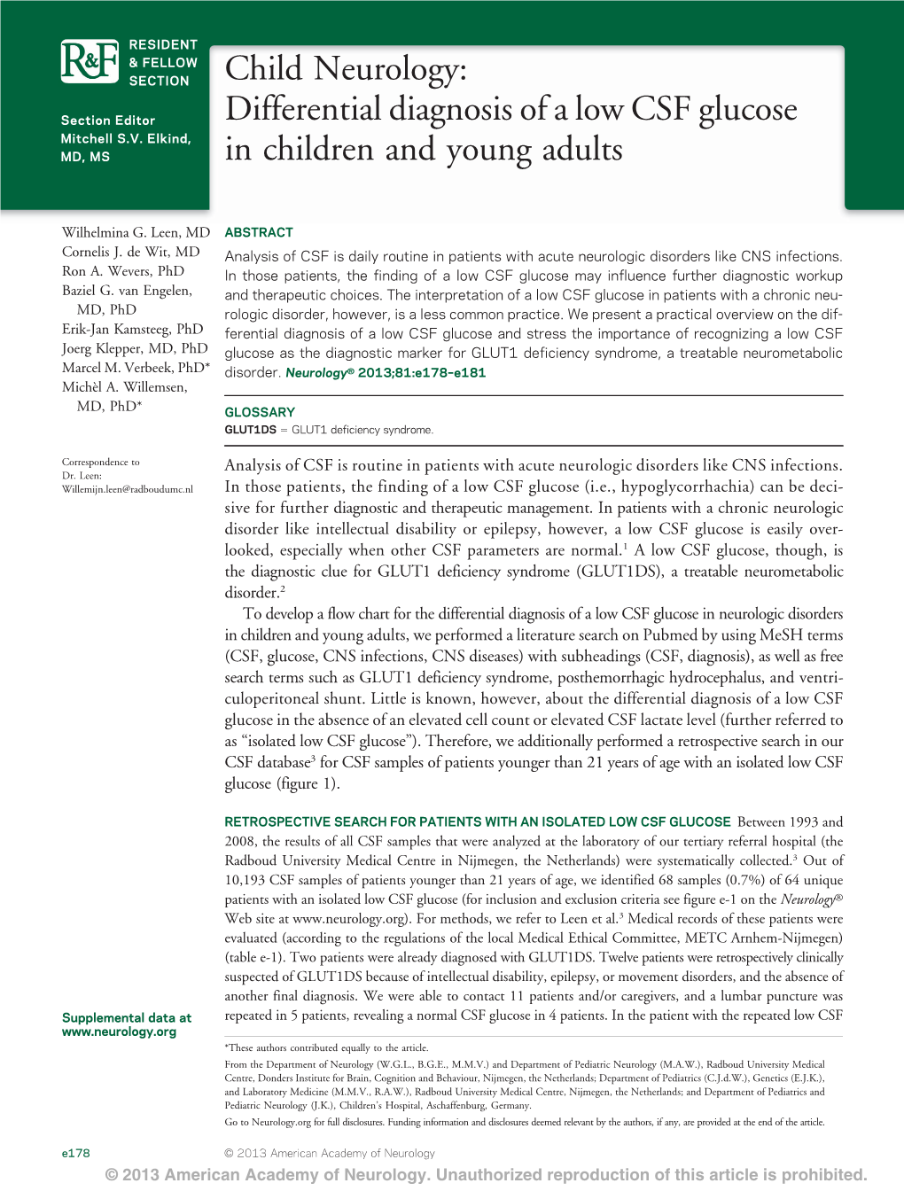 Child Neurology: Differential Diagnosis of a Low CSF Glucose in Children and Young Adults Wilhelmina G