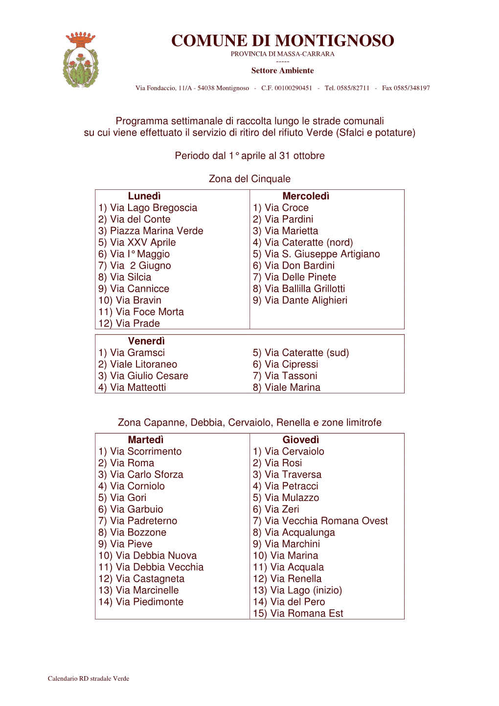 COMUNE DI MONTIGNOSO PROVINCIA DI MASSA-CARRARA ----- Settore Ambiente