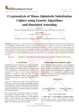 Cryptanalysis of Mono-Alphabetic Substitution Ciphers Using Genetic Algorithms and Simulated Annealing Shalini Jain Marathwada Institute of Technology, Dr