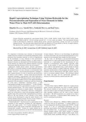 Rapid Coprecipitation Technique Using Yttrium Hydroxide for the Preconcentration and Separation of Trace Elements in Saline Water Prior to Their ICP-AES Determination