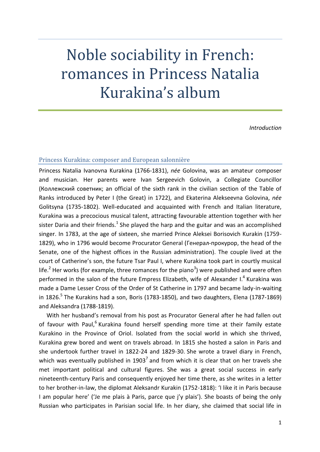 Noble Sociability in French: Romances in Princess Natalia Kurakina's Album