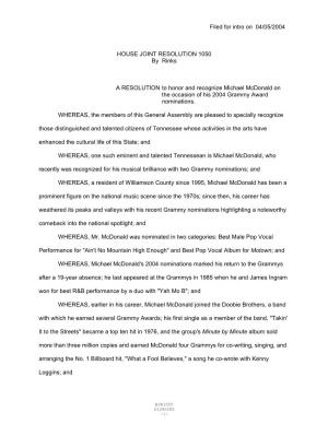 Filed for Intro on 04/05/2004 HOUSE JOINT RESOLUTION 1050 By