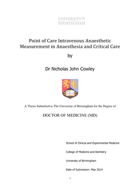 Point of Care Intravenous Anaesthetic Measurement in Anaesthesia and Critical Care By