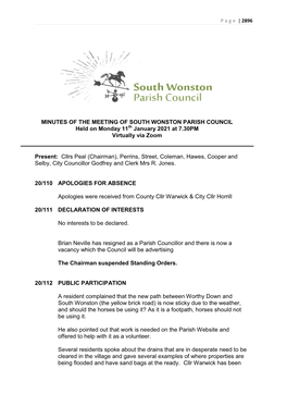 MINUTES of the MEETING of SOUTH WONSTON PARISH COUNCIL Held on Monday 11Th January 2021 at 7.30PM Virtually Via Zoom