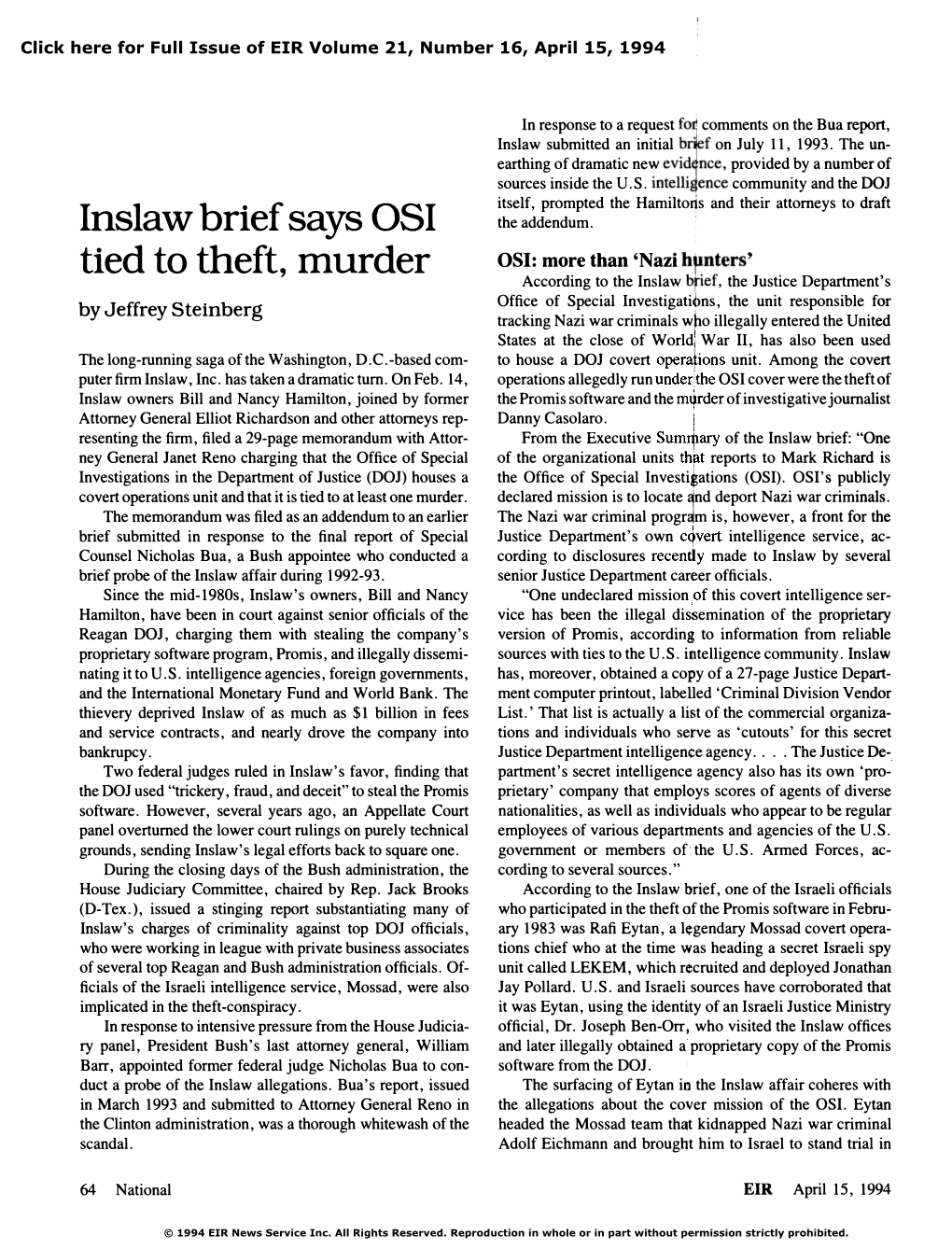 Inslaw Brief Says OSI Tied to Theft, Murder