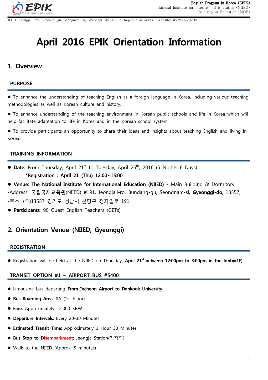 English Program in Korea (EPIK) National Institute for International Education (NIIED) Ministry of Education (MOE)