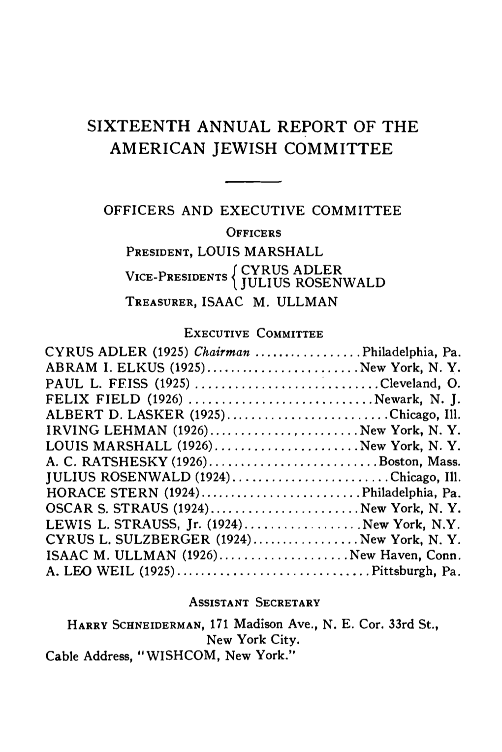 Sixteenth Annual Report of the American Jewish Committee