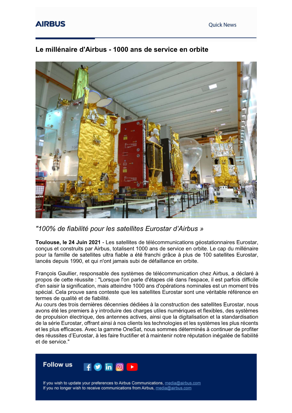 100% De Fiabilité Pour Les Satellites Eurostar D’Airbus »