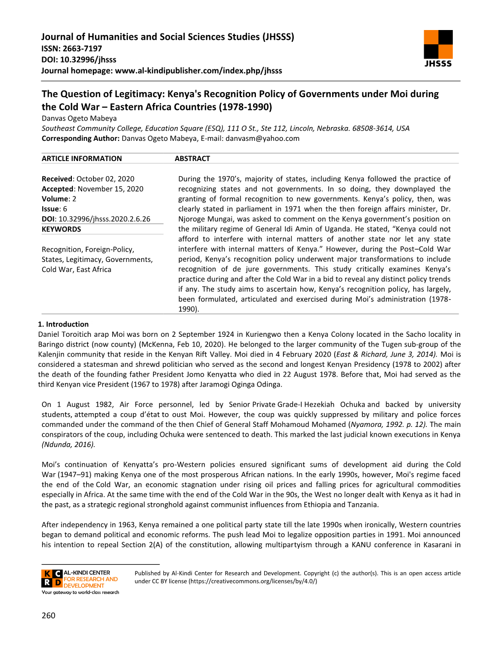 (JHSSS) the Question of Legitimacy: Kenya's Recognition Policy Of