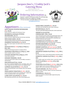 Jacques-Imo's / Crabby Jack's Catering Menu