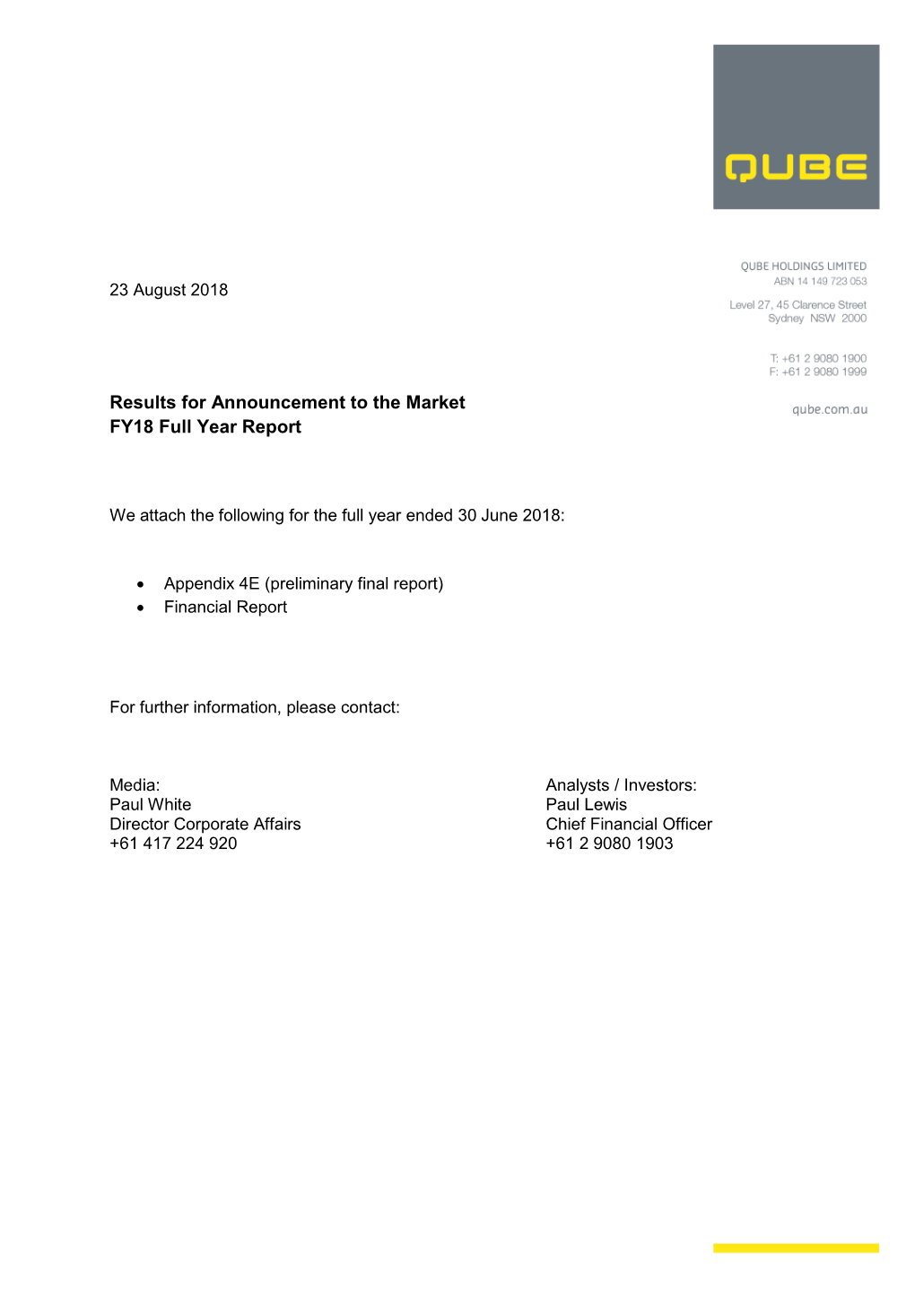 Results for Announcement to the Market FY18 Full Year Report