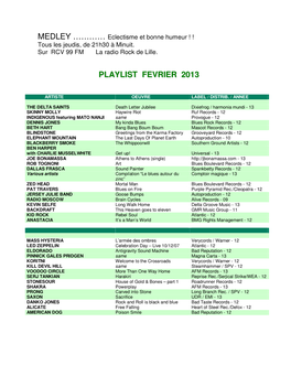Playlist Fevrier 2013