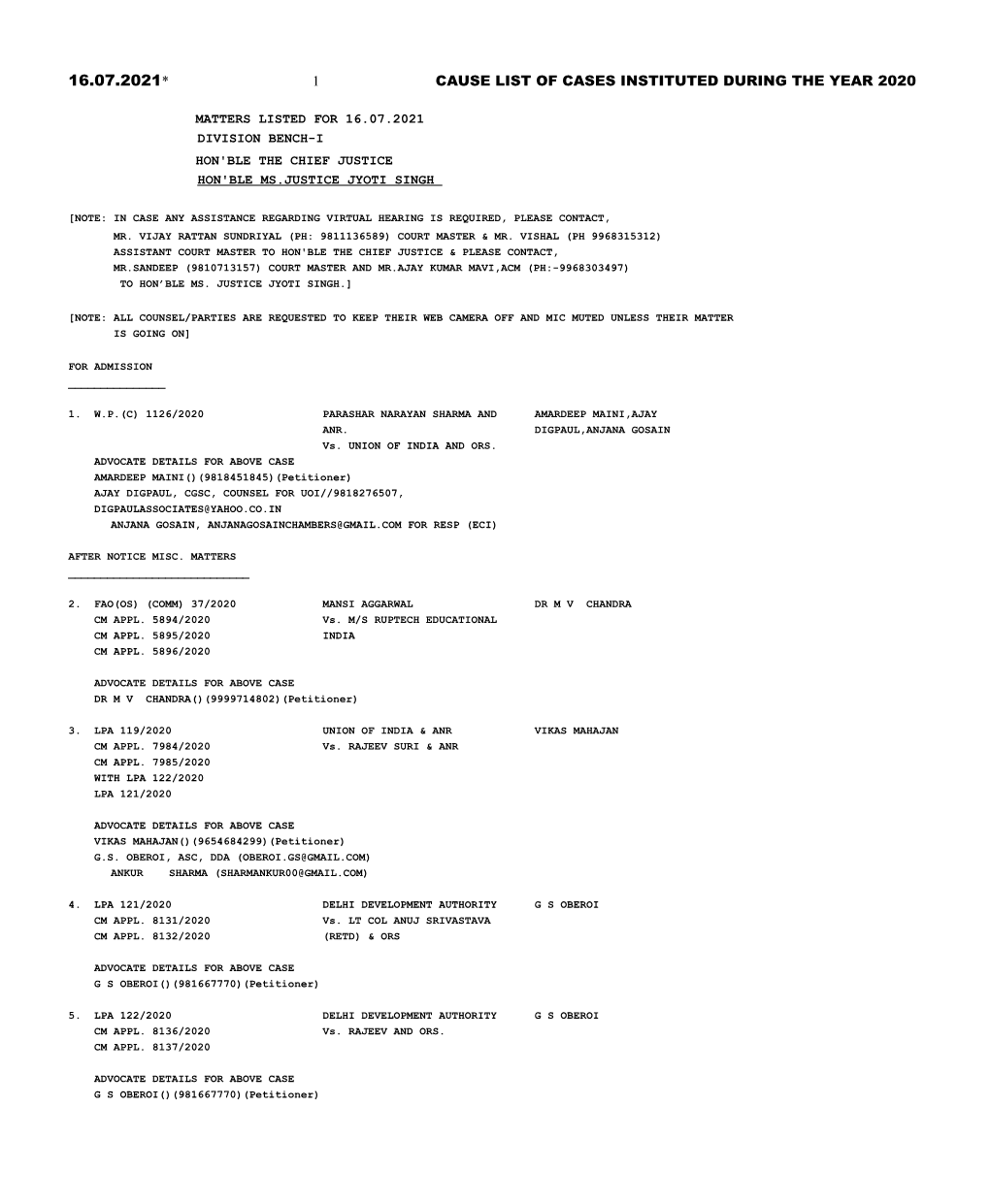 16.07.2021* 1 Cause List of Cases Instituted During the Year 2020