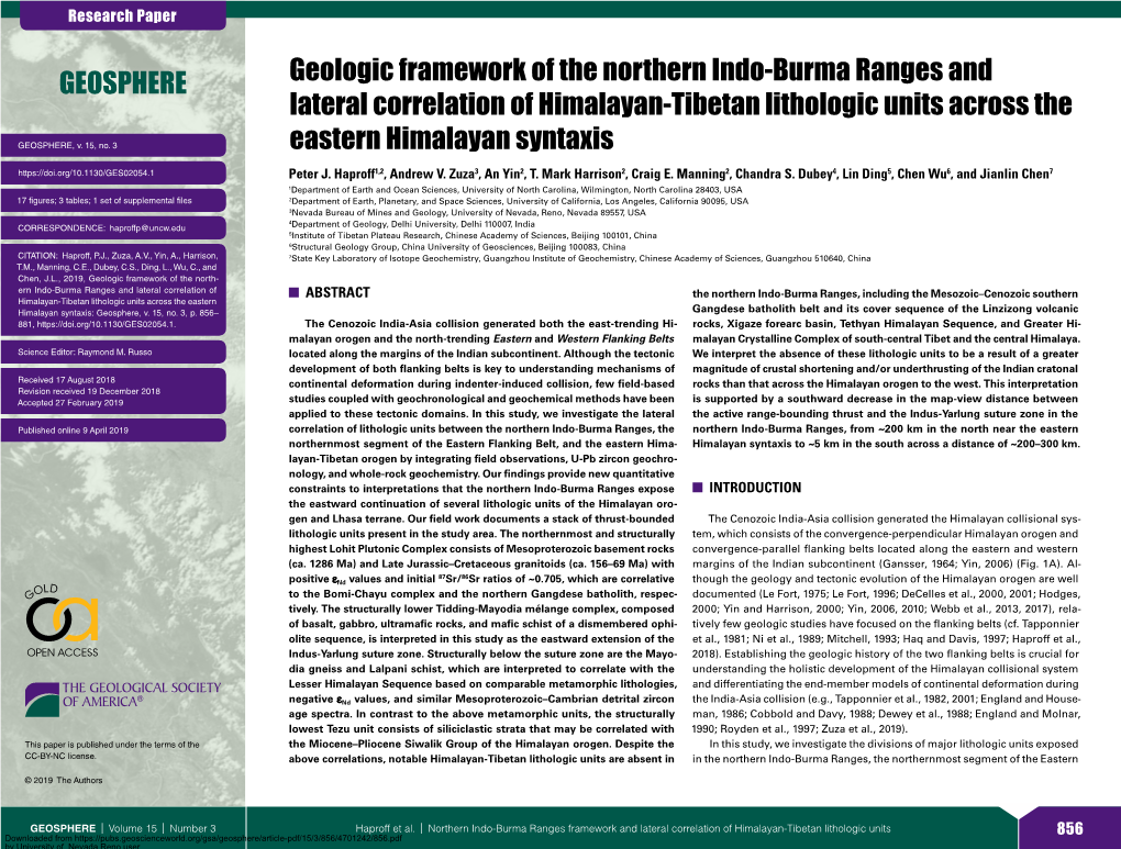 Geologic Framework of the Northern Indo-Burma Ranges and Lateral Correlation of Himalayan-Tibetan Lithologic Units Across The