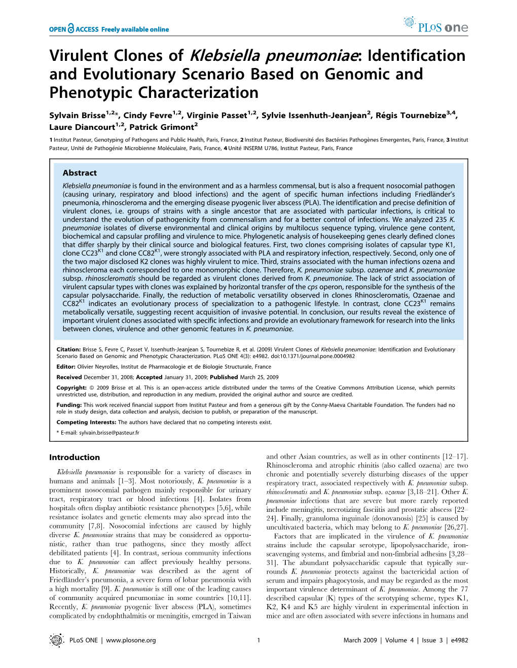 Virulent Clones of Klebsiella Pneumoniae: Identification and Evolutionary Scenario Based on Genomic and Phenotypic Characterization