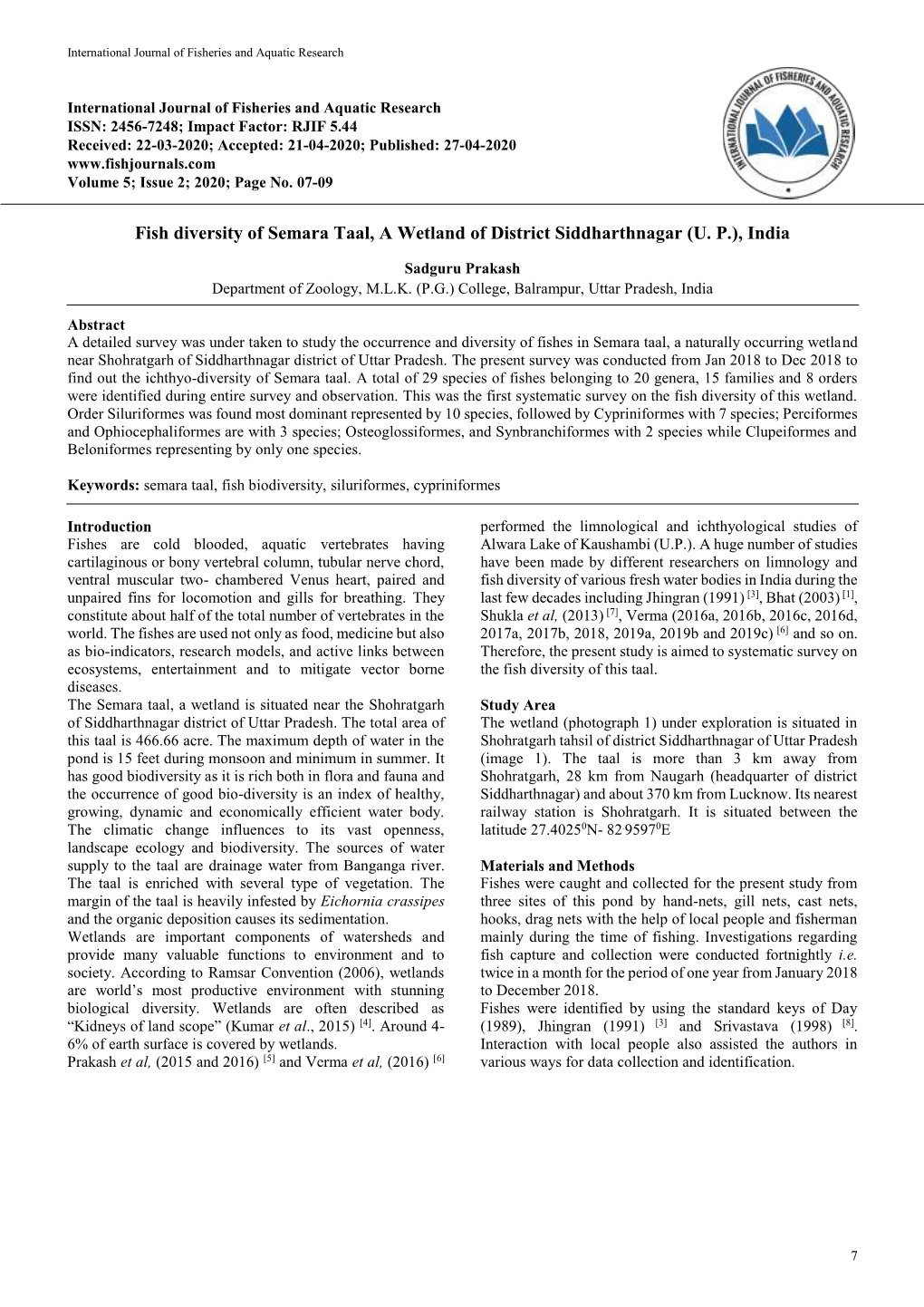 Fish Diversity of Semara Taal, a Wetland of District Siddharthnagar (U