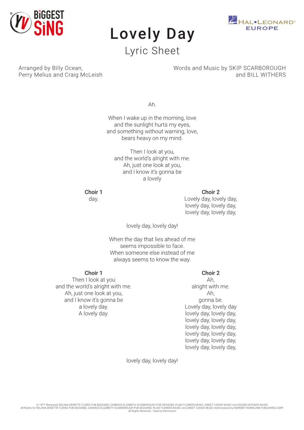 Lovely Day Lyric Sheet