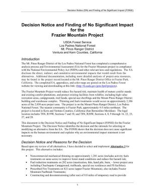 Decision Notice and Finding of No Significant Impact for the Frazier Mountain Project