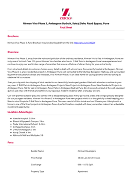 Nirman Viva Phase 3, Ambegaon Budruk, Katraj Dehu Road Bypass, Pune Fact Sheet