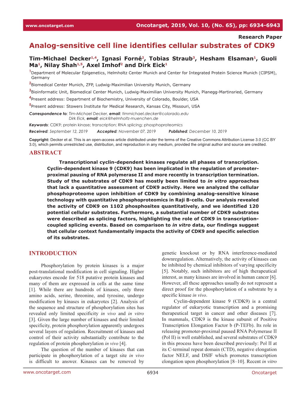 Analog-Sensitive Cell Line Identifies Cellular Substrates of CDK9