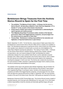 Bertelsmann Brings Treasures from the Archivio Storico Ricordi to Spain for the First Time