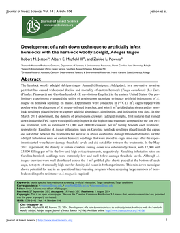 Development of a Rain Down Technique to Artificially Infest Hemlocks with the Hemlock Woolly Adelgid, Adelges Tsugae Abstract