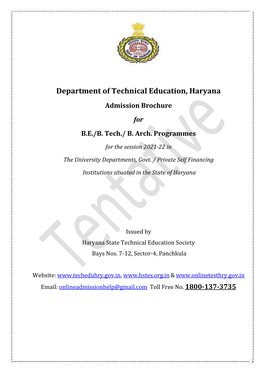 Department of Technical Education, Haryana Admission Brochure for B.E./B