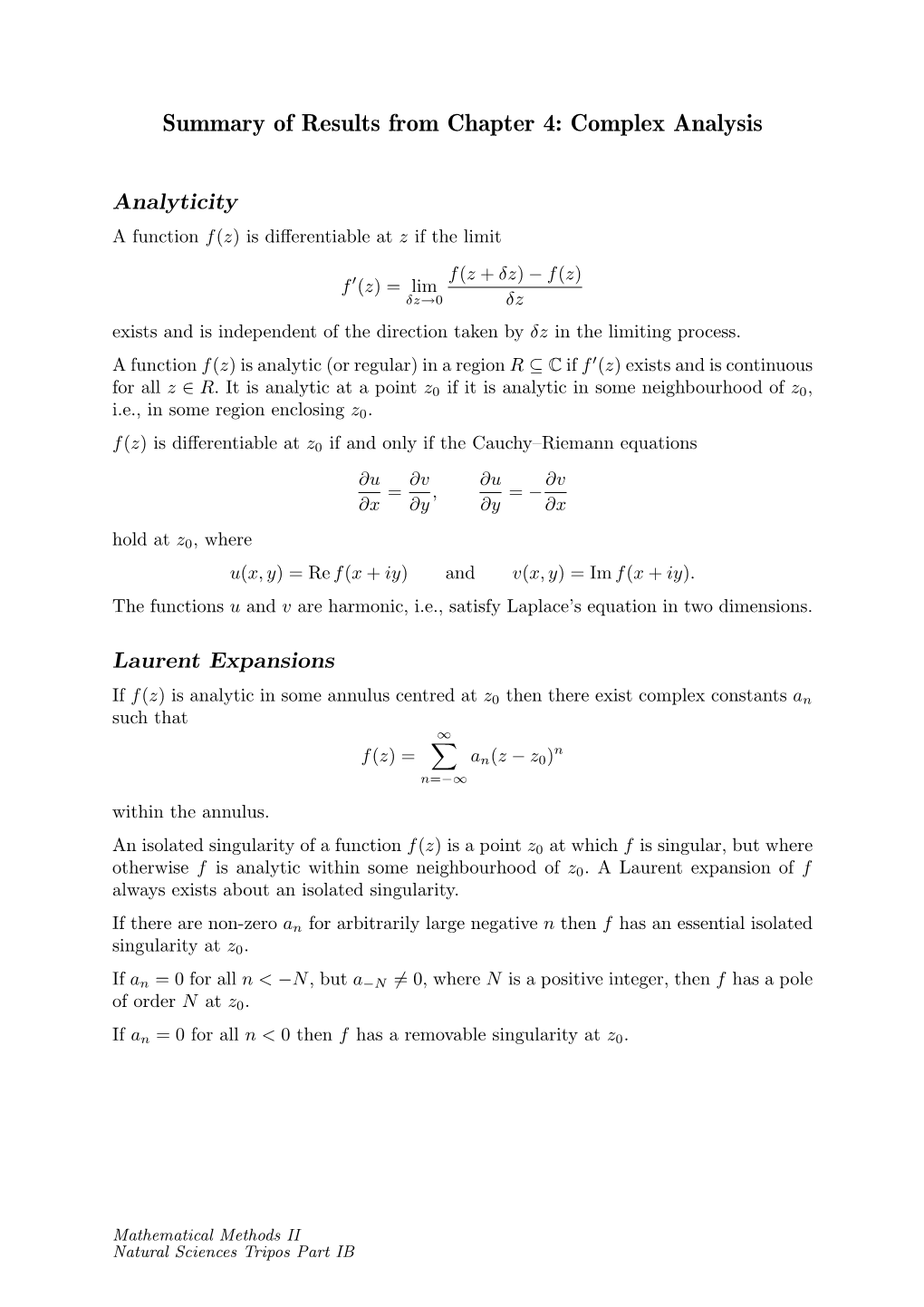 Summary of Results from Chapter 4: Complex Analysis