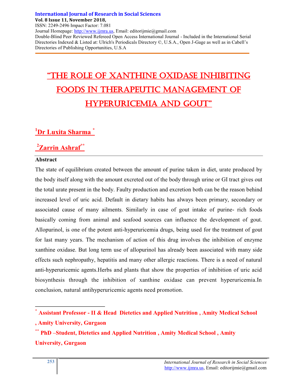 “The Role of Xanthine Oxidase Inhibiting Foods in Therapeutic Management of Hyperuricemia and Gout”