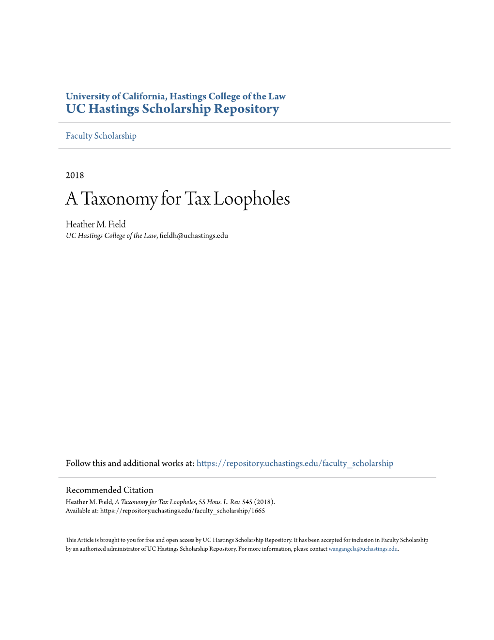 A Taxonomy for Tax Loopholes Heather M