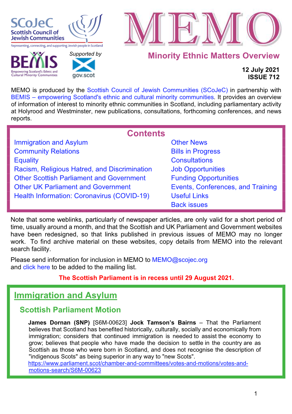 MEMO Is Produced by the Scottish Council of Jewish Communities (Scojec) in Partnership with BEMIS – Empowering Scotland's Ethnic and Cultural Minority Communities