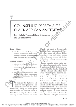 COUNSELING PERSONS of BLACK AFRICAN ANCESTRY1 Ivory Achebe Toldson, Kelechi C
