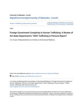 Foreign Government Complicity in Human Trafficking: a Review of the State Department's "2002 Trafficking Inersons P Report"