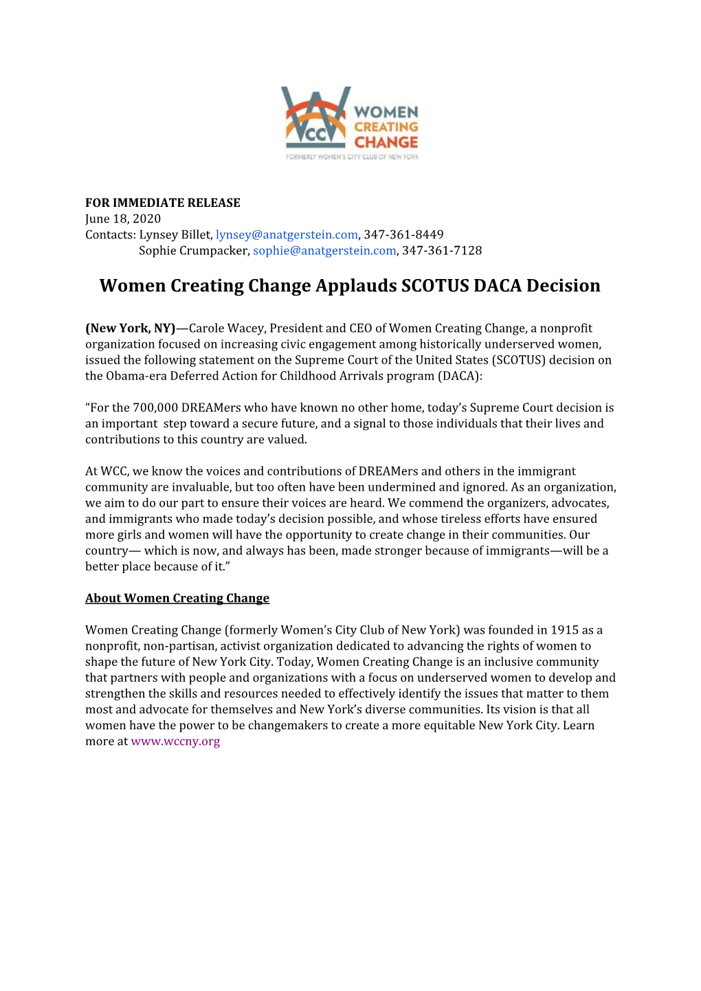 Women Creating Change Applauds SCOTUS DACA Decision