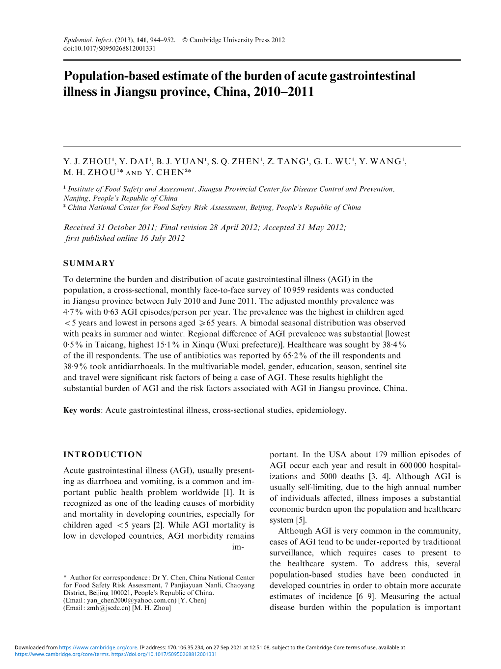 Population-Based Estimate of the Burden of Acute Gastrointestinal Illness in Jiangsu Province, China, 2010–2011