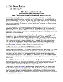 2006 State Legislative Update: Illinois General Assembly Approves Major Funding Increases for HIV/AIDS Treatment/Services