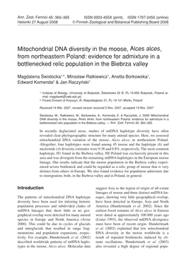 Mitochondrial DNA Diversity in the Moose, Alces Alces, from Northeastern Poland: Evidence for Admixture in a Bottlenecked Relic Population in the Biebrza Valley