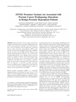 SPINK1 Promoter Variants Are Associated with Prostate Cancer Predisposing Alterations in Benign Prostatic Hyperplasia Patients