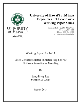 University of Hawai`I at Mānoa Department of Economics Working Paper Series