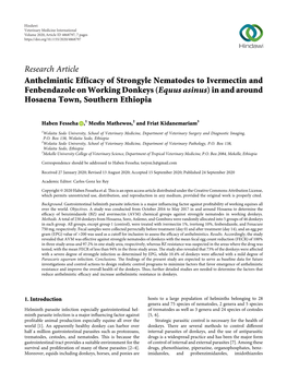 Anthelmintic Efficacy of Strongyle Nematodes to Ivermectin and Fenbendazole on Working Donkeys (Equus Asinus) in and Around Hosaena Town, Southern Ethiopia