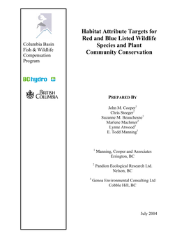 Habitat Attribute Targets for Red and Blue Listed Wildlife Species and Plant Community Conservation