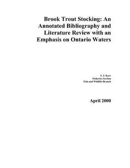 Brook Trout Stocking: an Annotated Bibliography and Literature Review with an Emphasis on Ontario Waters