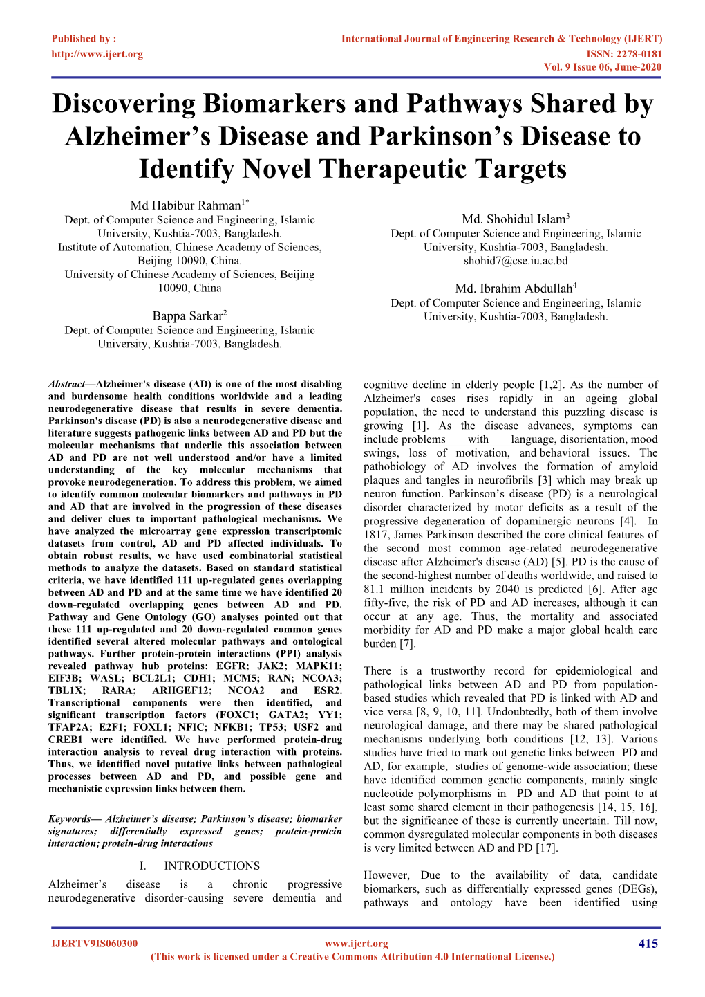 Discovering Biomarkers and Pathways Shared by Alzheimer's Disease and Parkinson's Disease to Identify Novel Therapeutic Targ