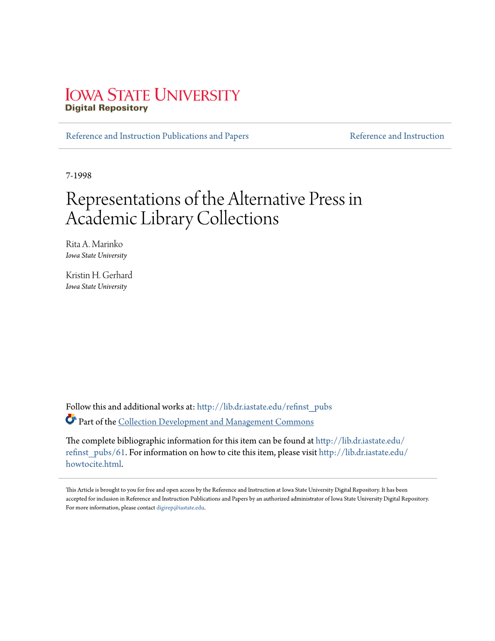 Representations of the Alternative Press in Academic Library Collections Rita A